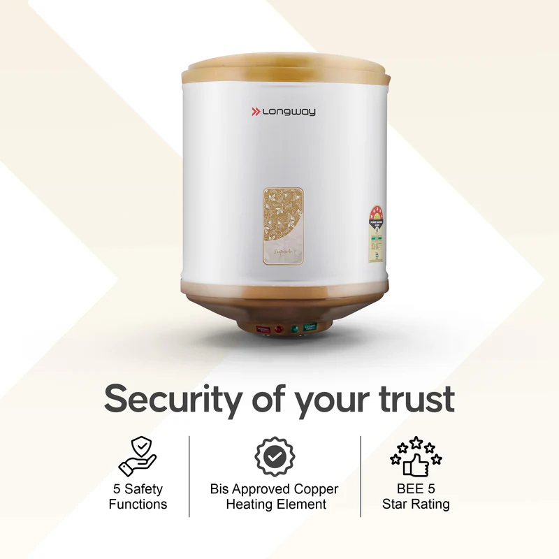 Longway Superb 35 Ltr 5-Star Rated Automatic Storage Water Heater – Electric Geyser with Multiple Safety Systems & Anti-Rust Coating (Ivory)