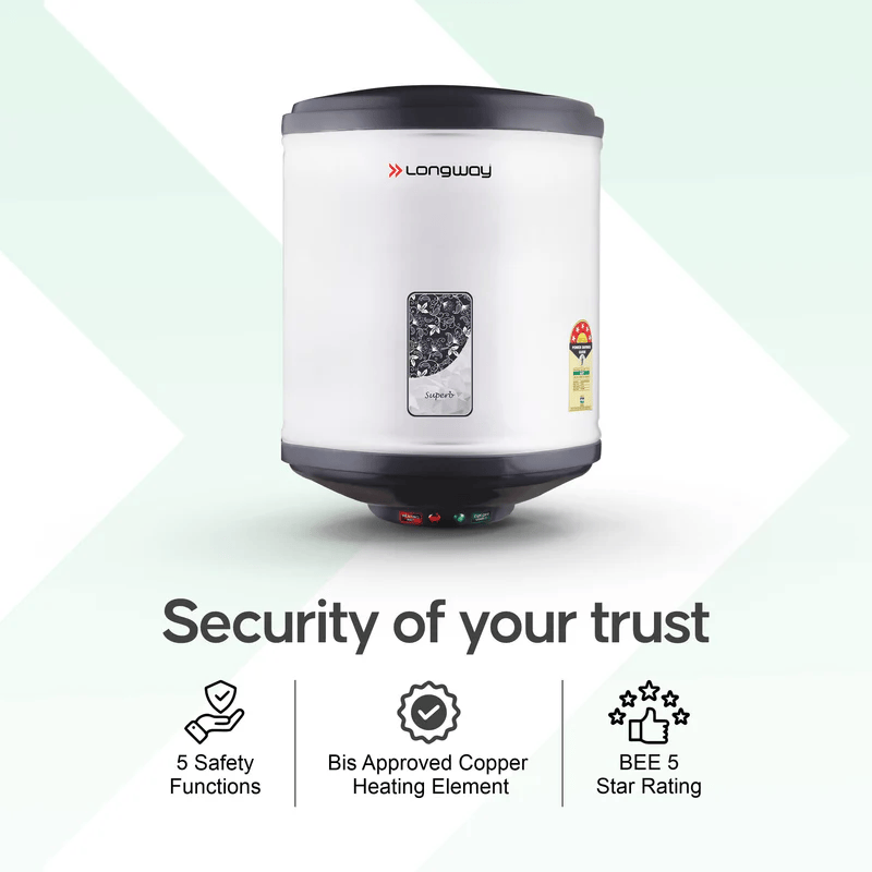Longway Superb 25 Ltr 5-Star Rated Automatic Storage Water Heater – Electric Geyser with Multiple Safety Systems & Anti-Rust Coating (Gray)