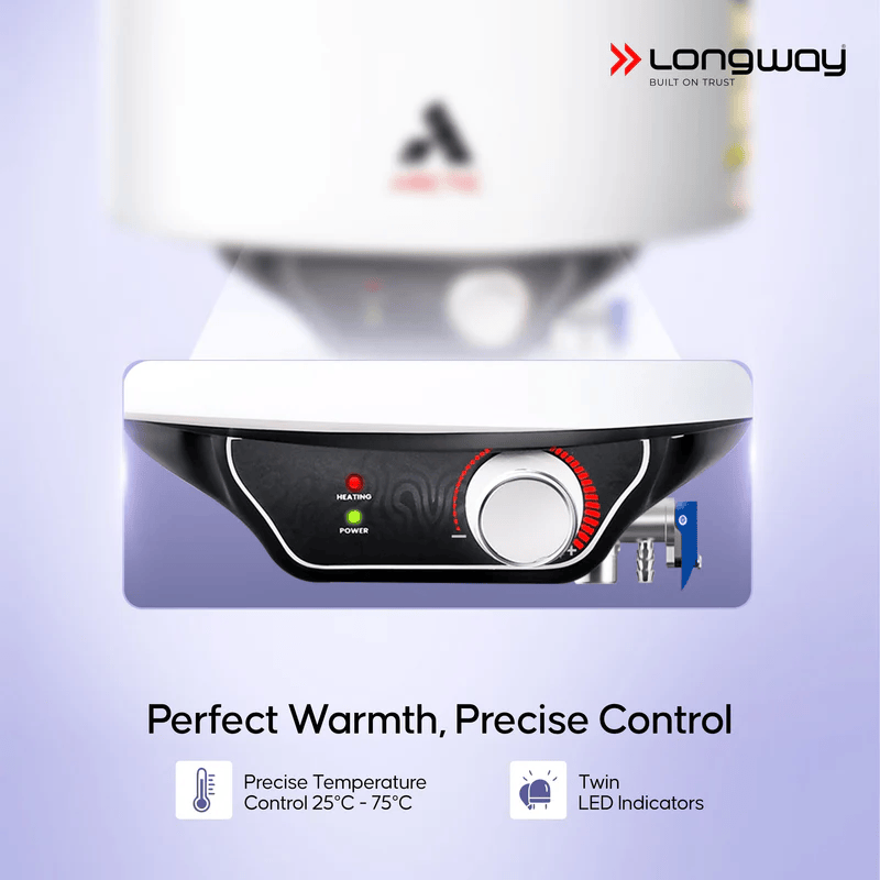 Longway Arctic 10 Ltr 5-Star Rated Storage Water Heater – Home Electric Geyser with Multi-Layered Safety System & Anti-Rust Glassline Tank (White)
